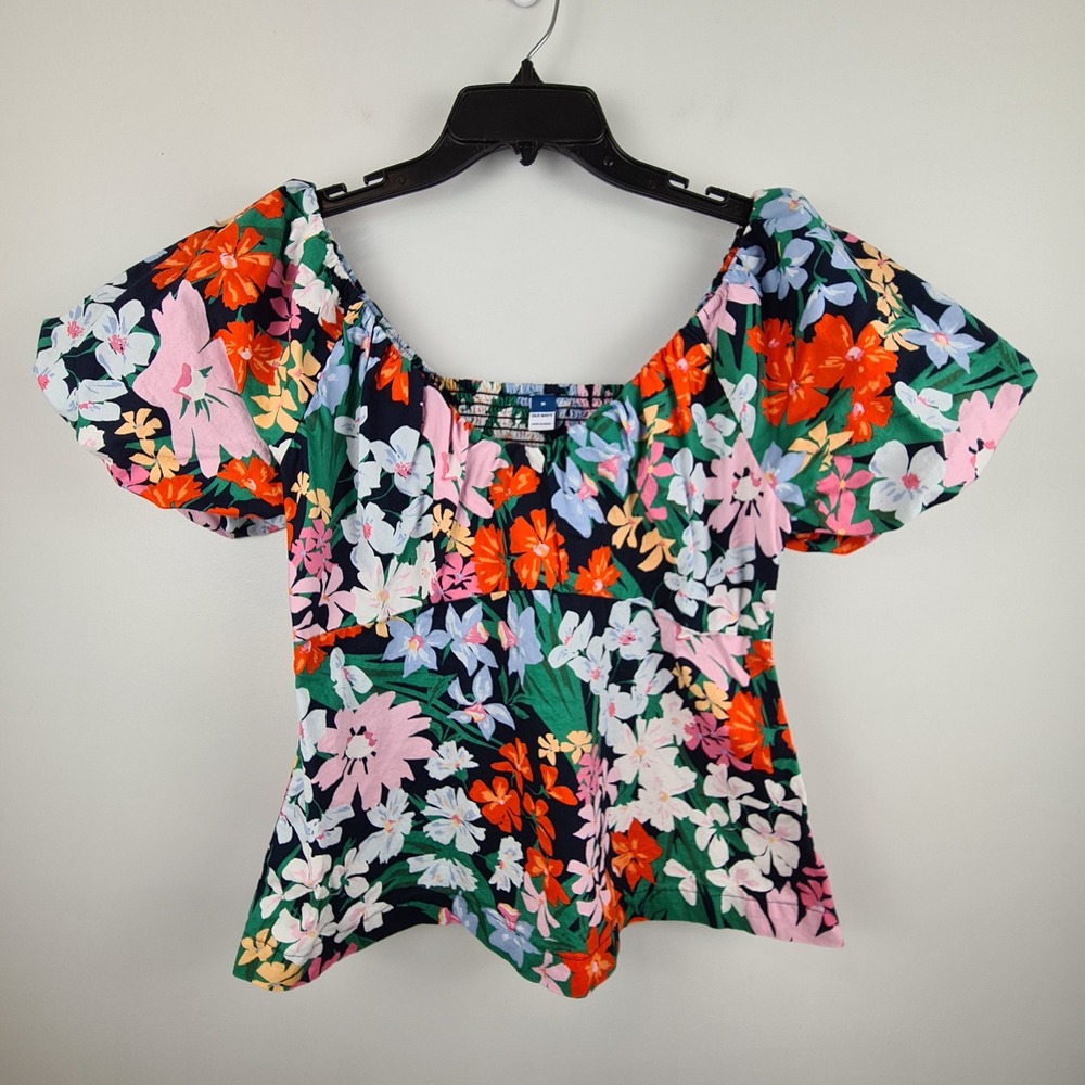 Old Navy Womens Navy Floral SS VEE TRAPEZE Puff Sleeve Smocked Top M Colorful